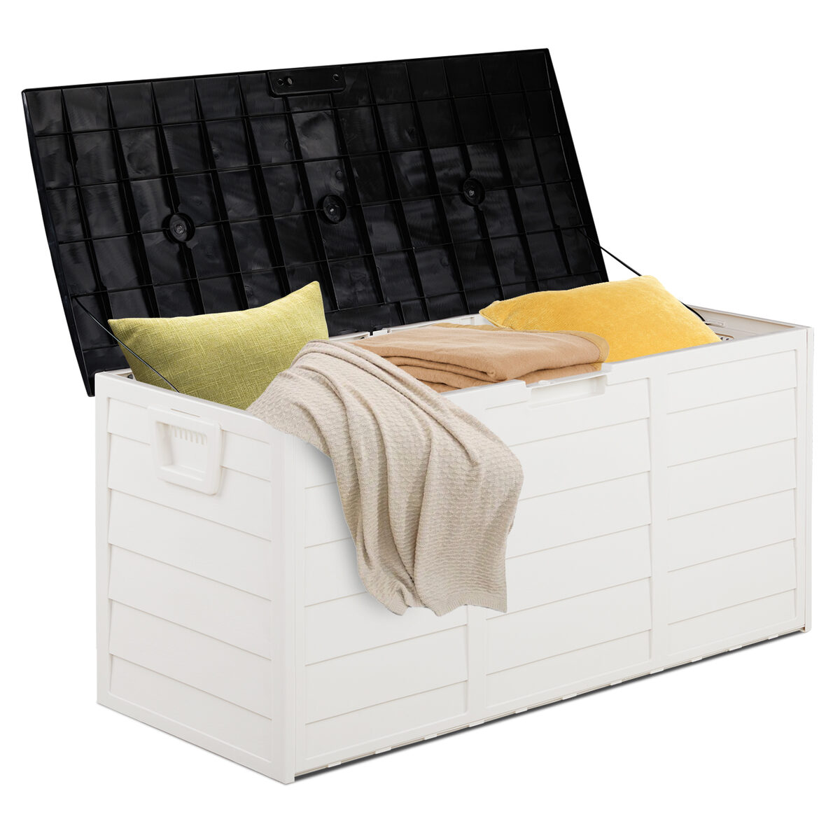 White Body, Black Cover, Wood Grain Style With Two Wheels Injection Molded Courtyard Plastic Storage Box