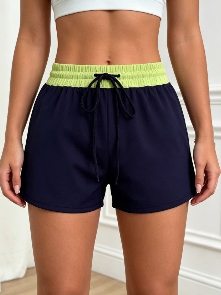 Color Block Waistband Drawstring Athletic Shorts, Loose Wide Leg Quick Dry Yoga Shorts, Casual Daily Sports Shorts