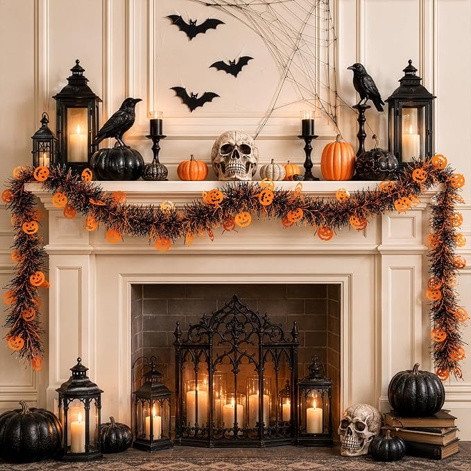 108 Inch Halloween Tinsel Garland With Orange Pumpkins, Shiny Metallic Twist Decor For Home, Tree, Party, Wreath And Crafts