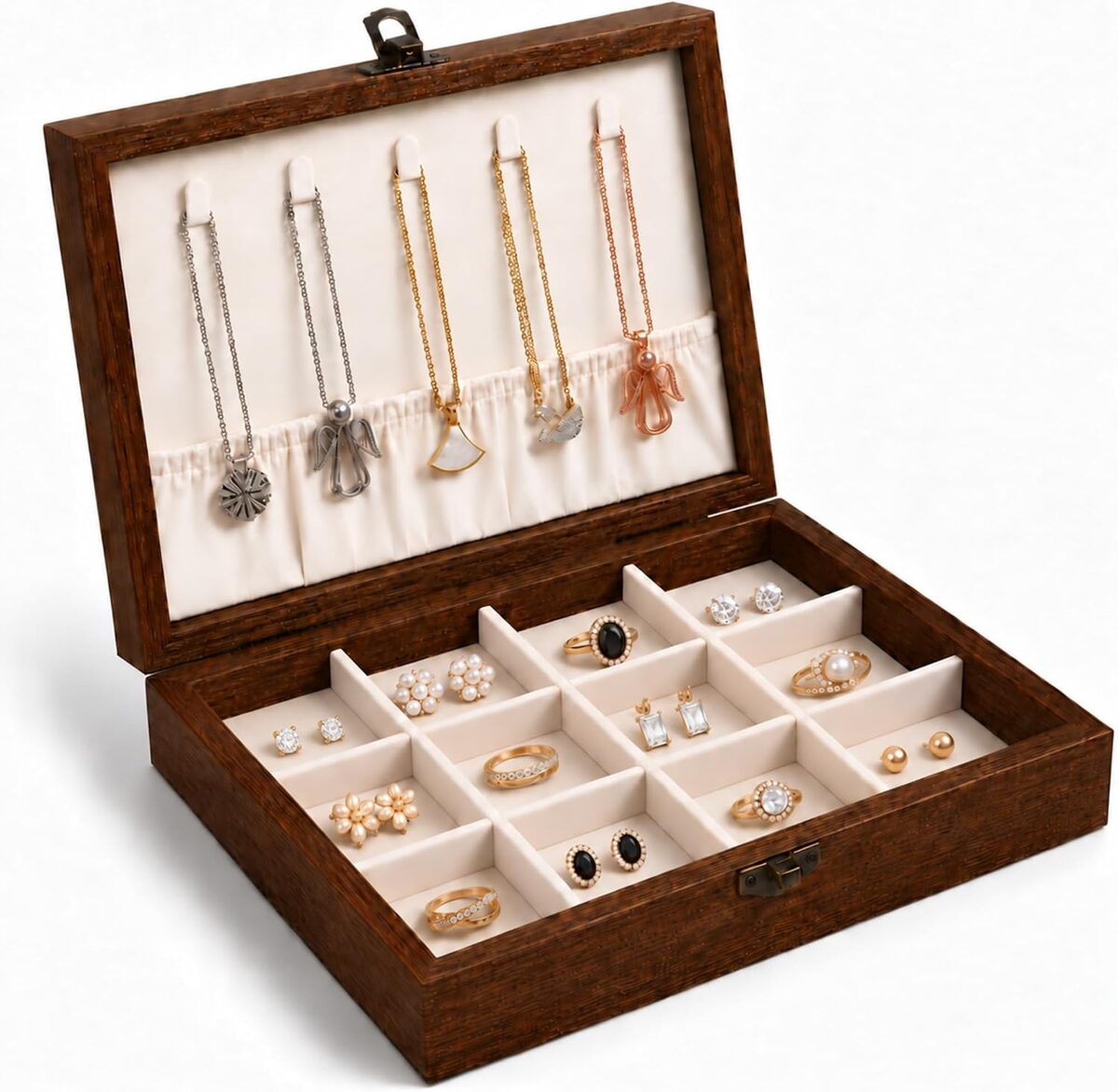 Wooden Jewelry Box Organizer For Earrings And Necklaces, Compact Storage Case For Rings, Bracelets And Small Accessories