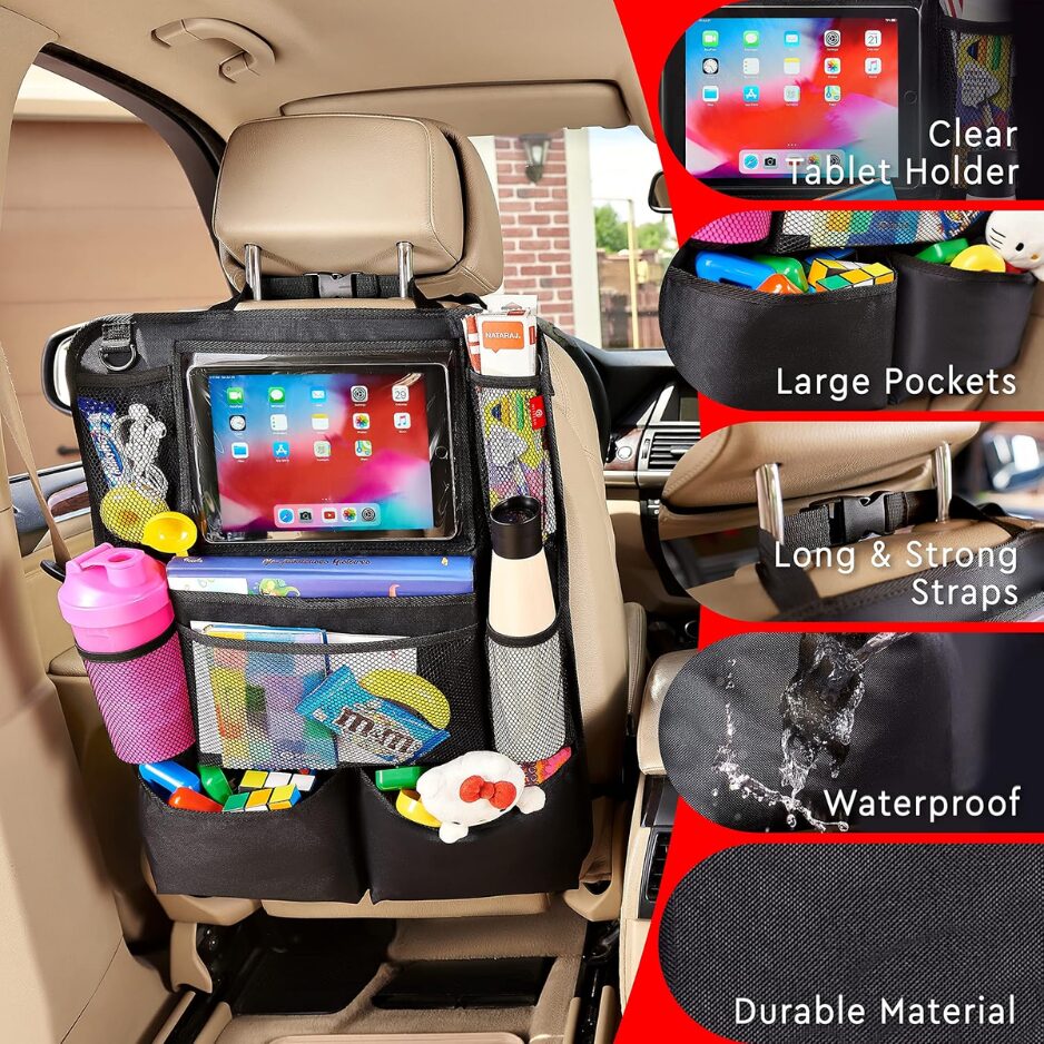 Backseat Car Organizer 2 Units, Kick Mat And Seat Back Protector With Tablet Holder And 9 Storage Pockets, Black